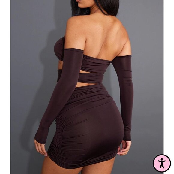 Chocolate Slinky Cut Out Bodycon Mini Dress Size 4 Bardot Y2K Baddie Clubwear - Picture 2 of 11